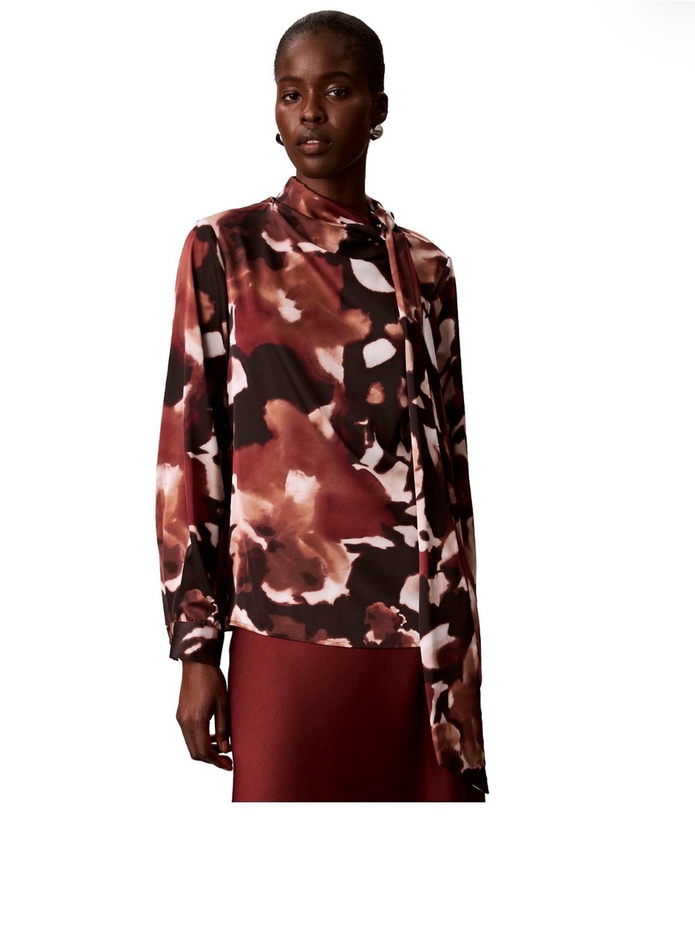 Calvin Klein Abstract Tie-Neck Satin Blouse - Brown Black White